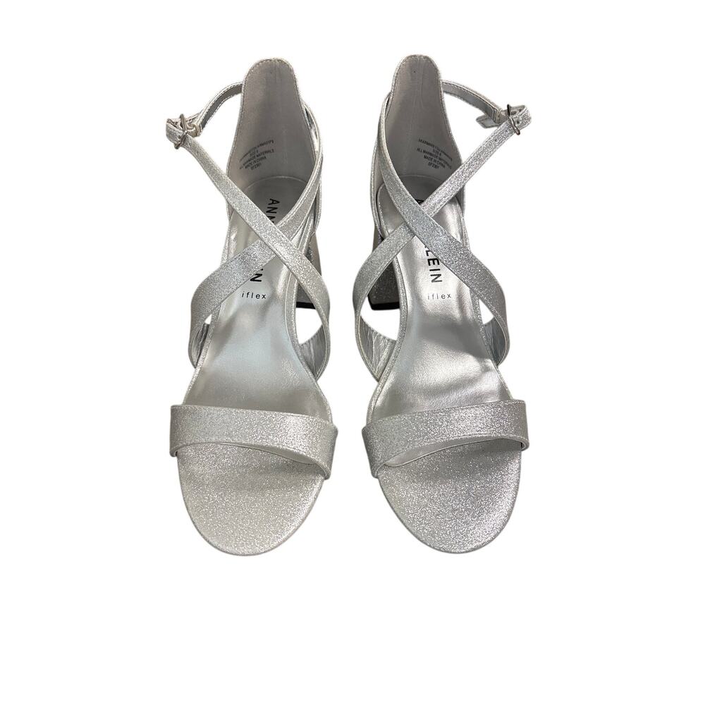 Anne Klein Silver Sparkle Block Heel Sandals Sz 8
